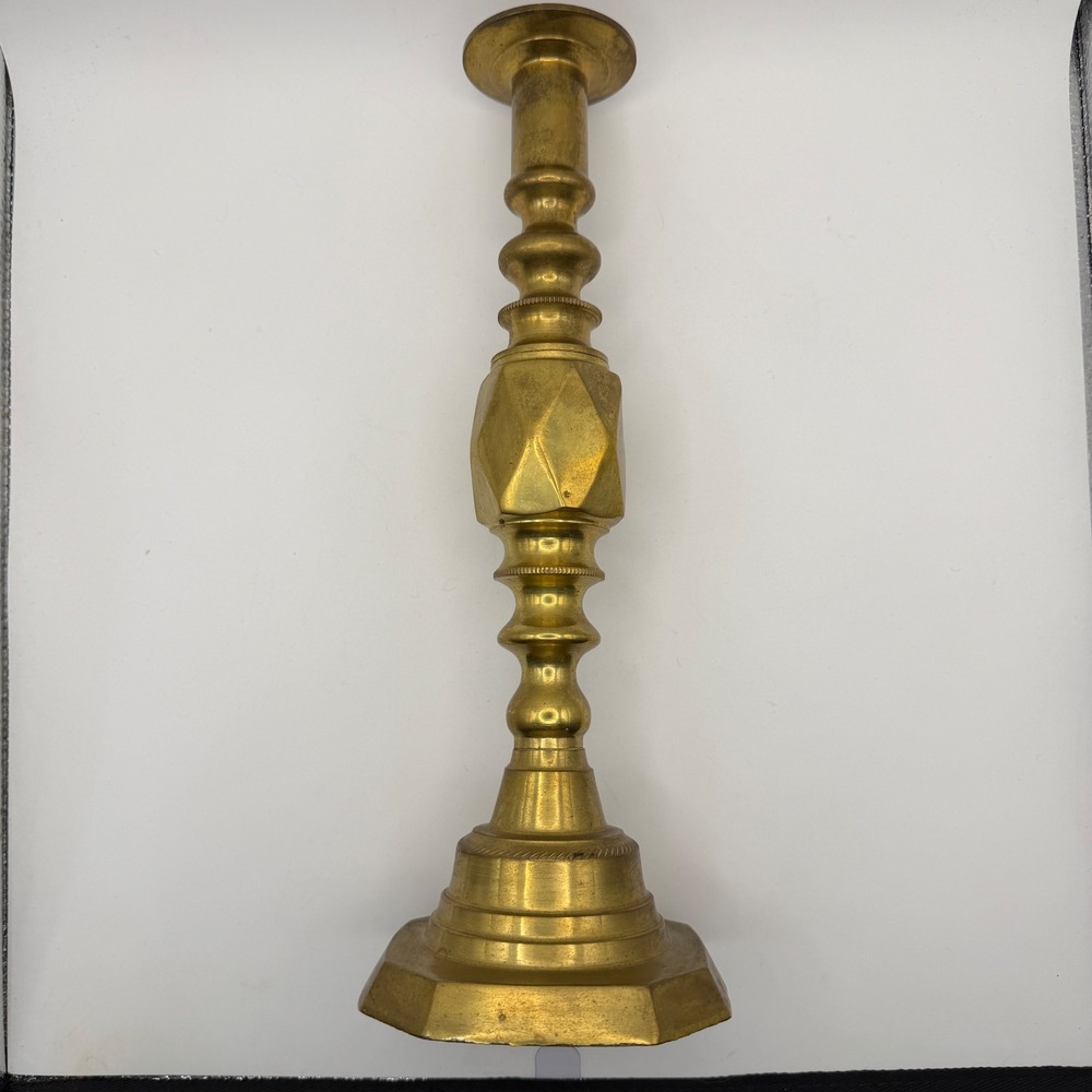 Vintage Brass Candlestick 12" Tall Faceted Octagonal Base Taper Holder